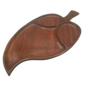 MCM Mahogany Wood Divided Serving Tray Leaf Shaped Platter West Indies